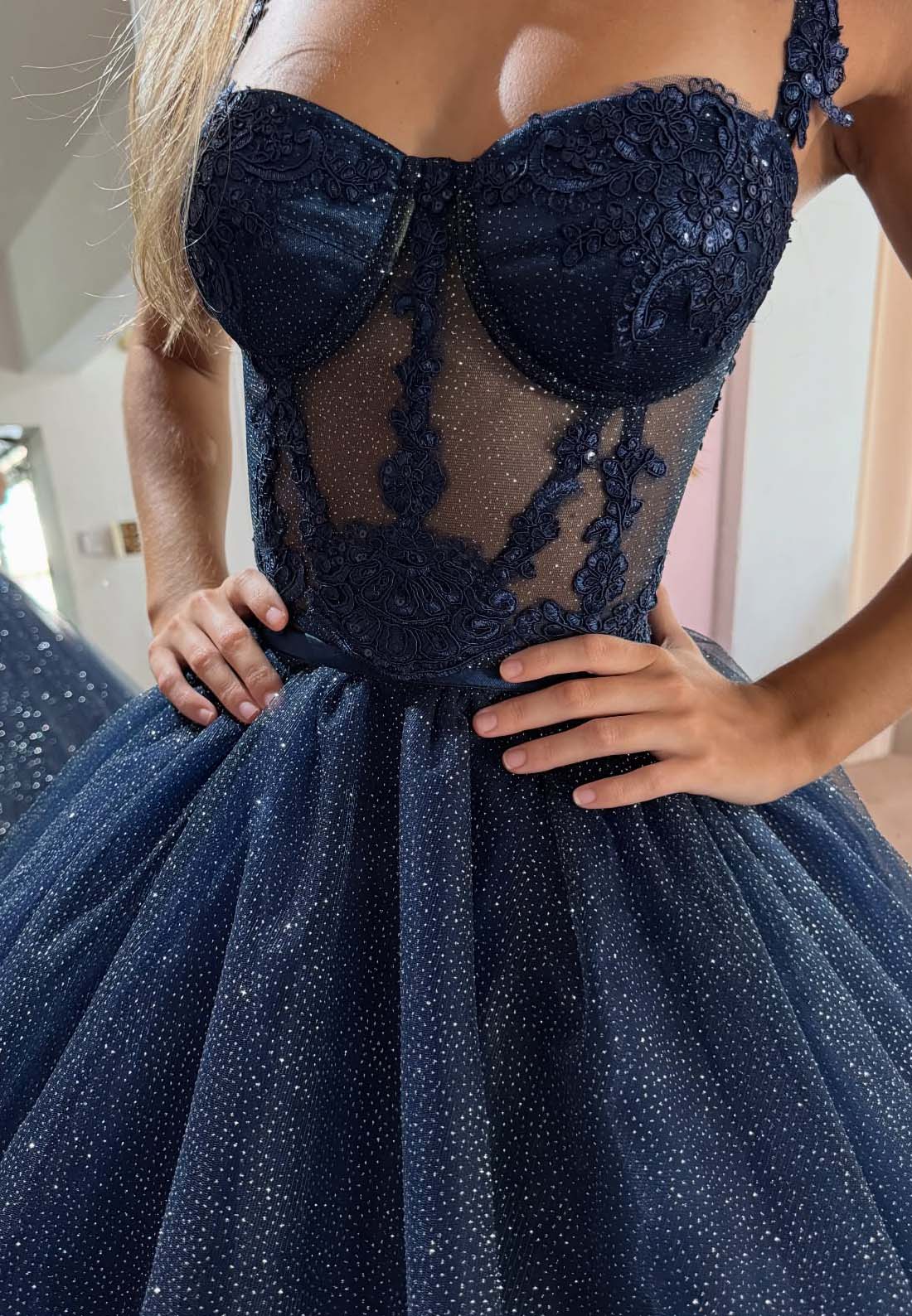 Sweetheart Straps Sheer Appliques Ball Gown Prom Dress