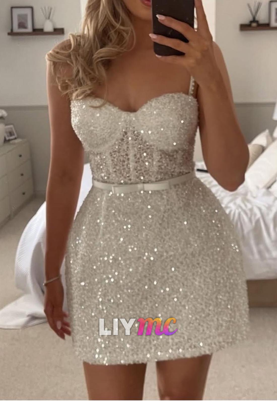 Sweetheart Straps Sparkly A-Line Short Beach Wedding Dress