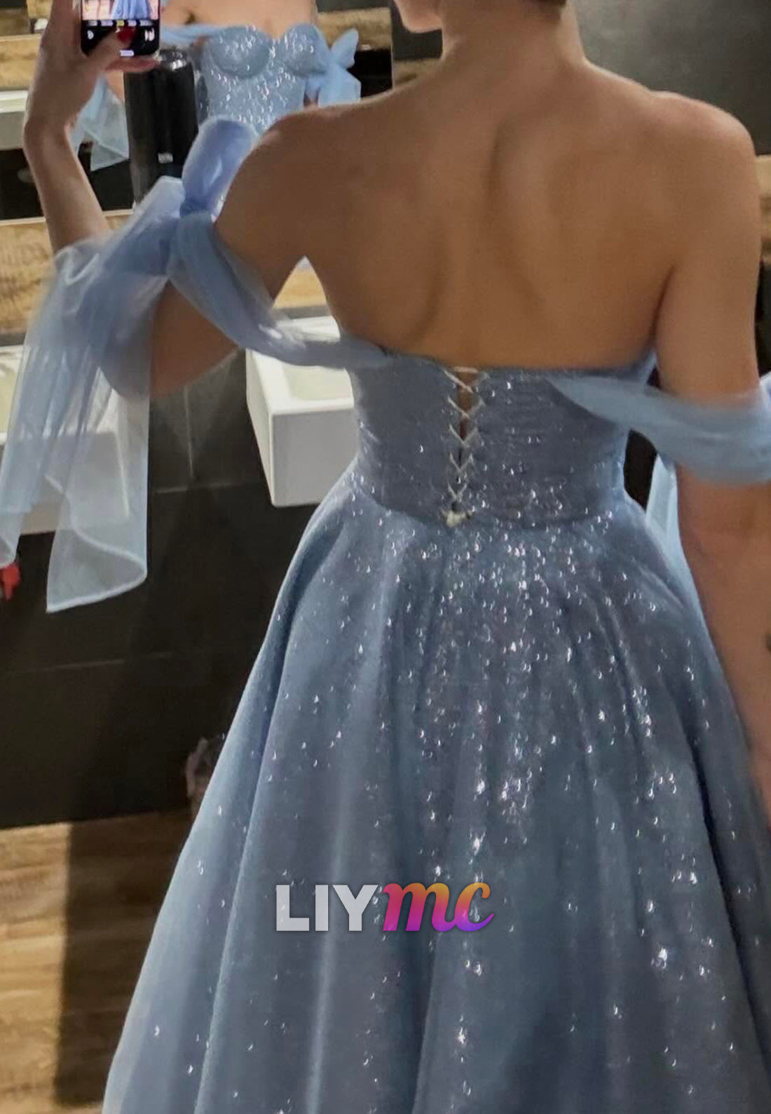 Sweetheart Straps Sparkly A-Line Steel Blue Prom Dress