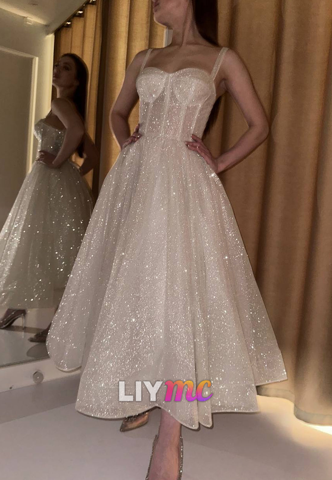 Sweetheart Straps Sparkly A-Line Wedding Dress