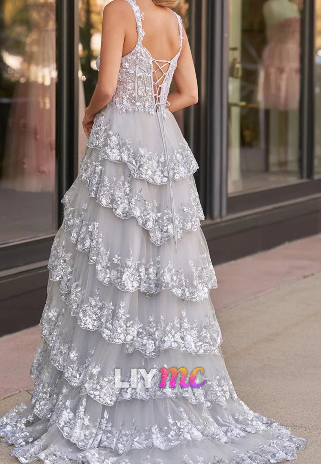 Sweetheart Straps Tiered Sequins Appliques A-Line Prom Dress