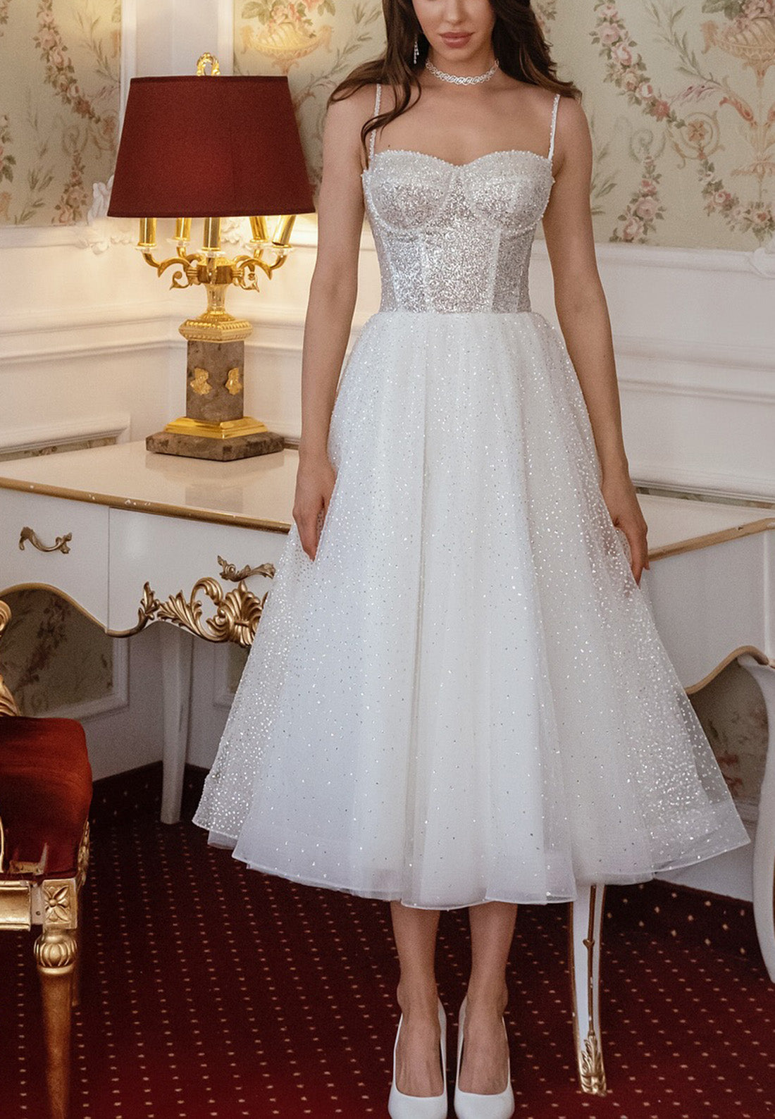 Sweetheart Tulle Spaghetti Straps Sparkly A-Line Midi Wedding Dress