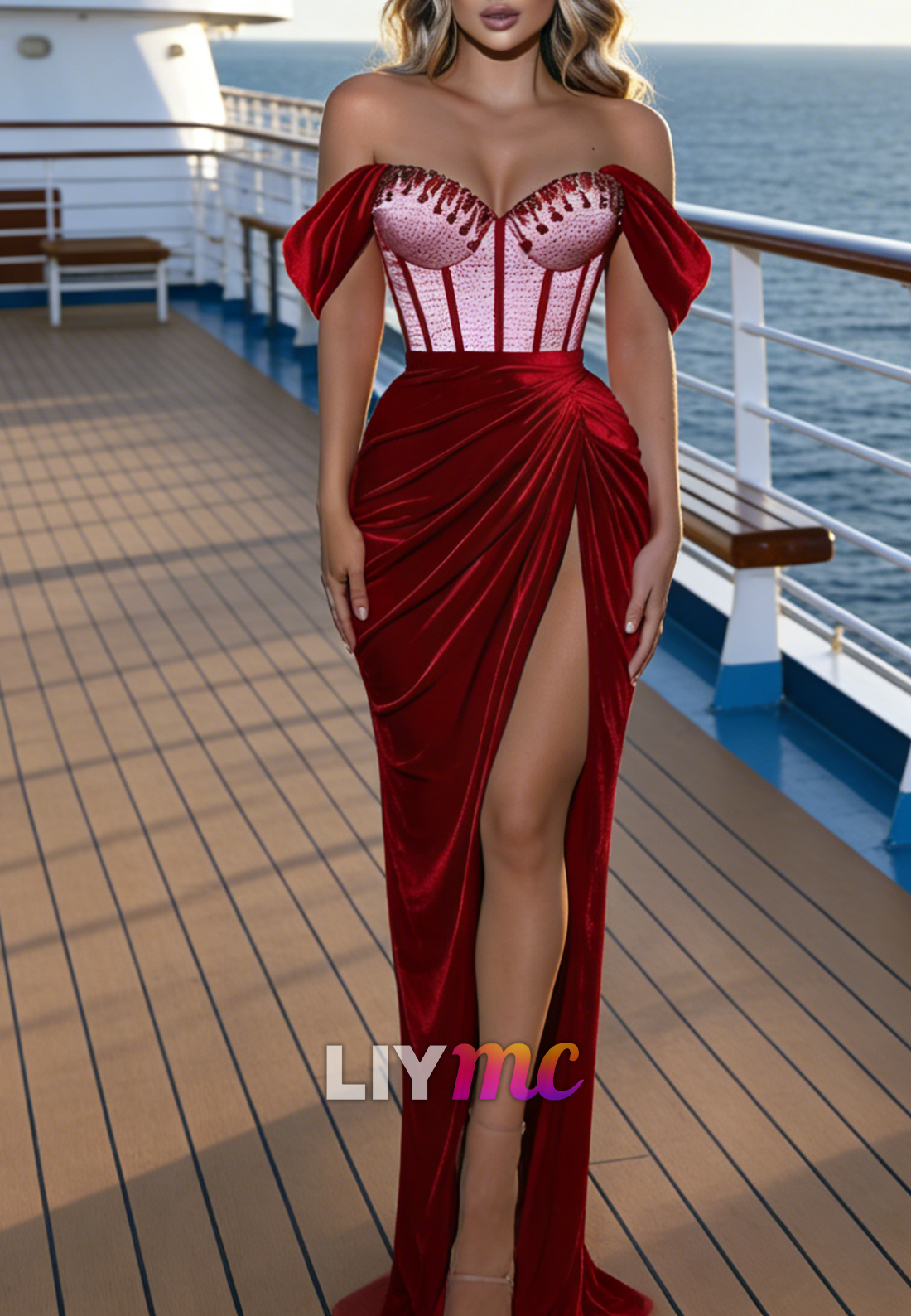 Sweetheart Velvet Beaded Side Slit Sheath Prom Dress