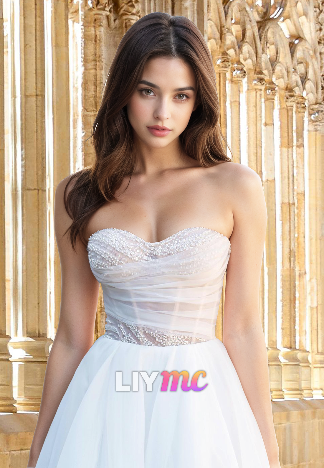 LW856 - Sweetheart Puff Sleeves Side Slit Pearl Beaded A-Line Wedding Dress