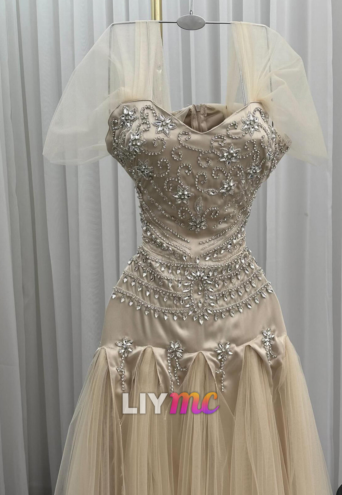 Sweetheart Cap Sleeves Beaded Tulle A-Line Prom Dress