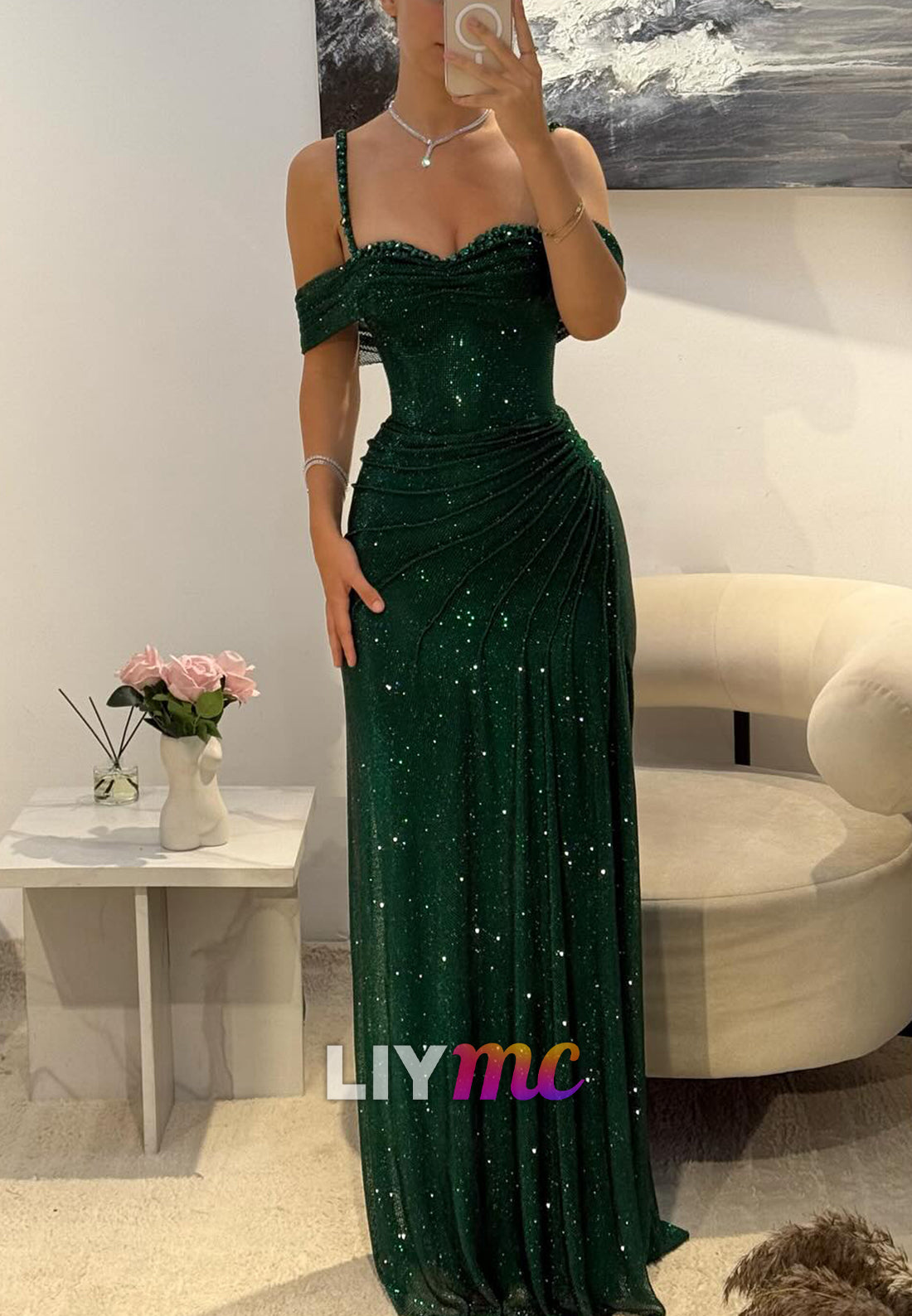 Swetheart Straaps Sparkly Pleated Sheath Prom Dress