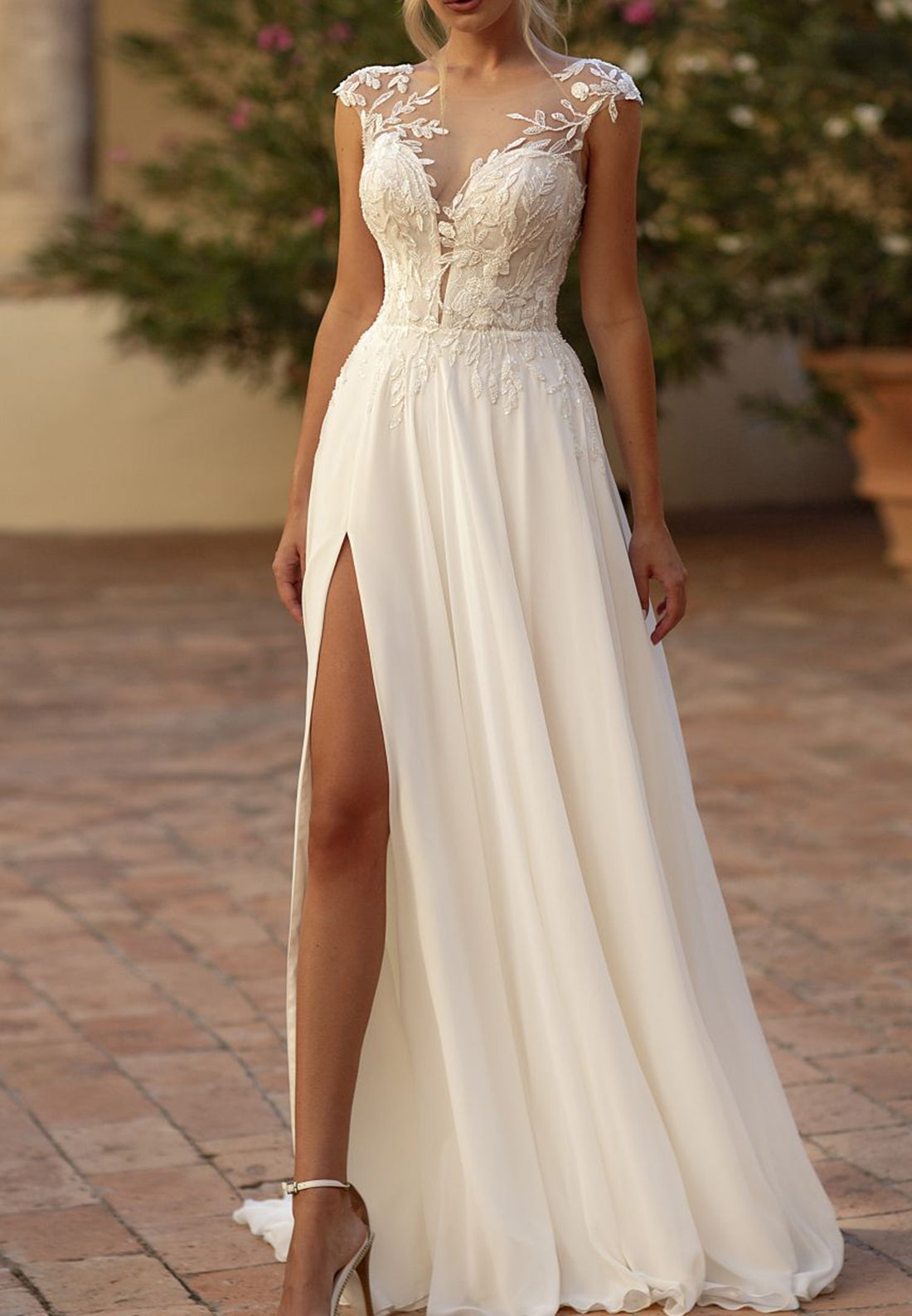 V-Neck Cap Sleeves Lace Appliques Side Slit A-Line Wedding Dress
