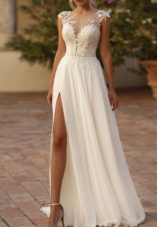 V-Neck Cap Sleeves Lace Appliques Side Slit A-Line Wedding Dress