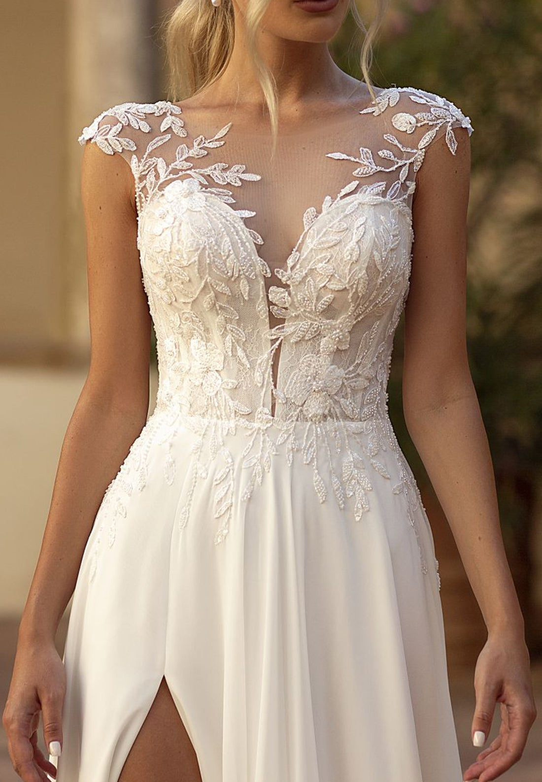 V-Neck Cap Sleeves Lace Appliques Side Slit A-Line Wedding Dress