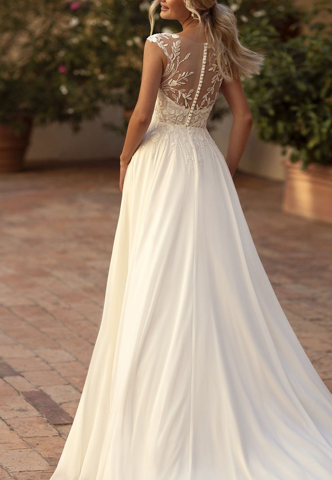 V-Neck Cap Sleeves Lace Appliques Side Slit A-Line Wedding Dress