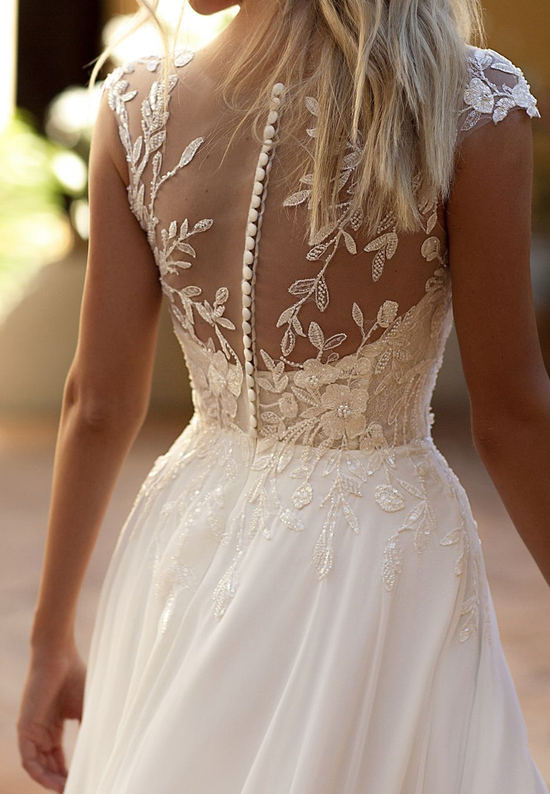 V-Neck Cap Sleeves Lace Appliques Side Slit A-Line Wedding Dress