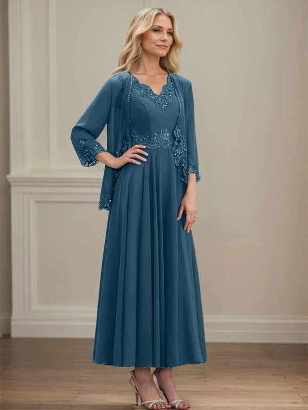 A-line V-Neck Ankle-Length Chiffon Mother of the Bride Dress With Sequins Appliques Lace Beading