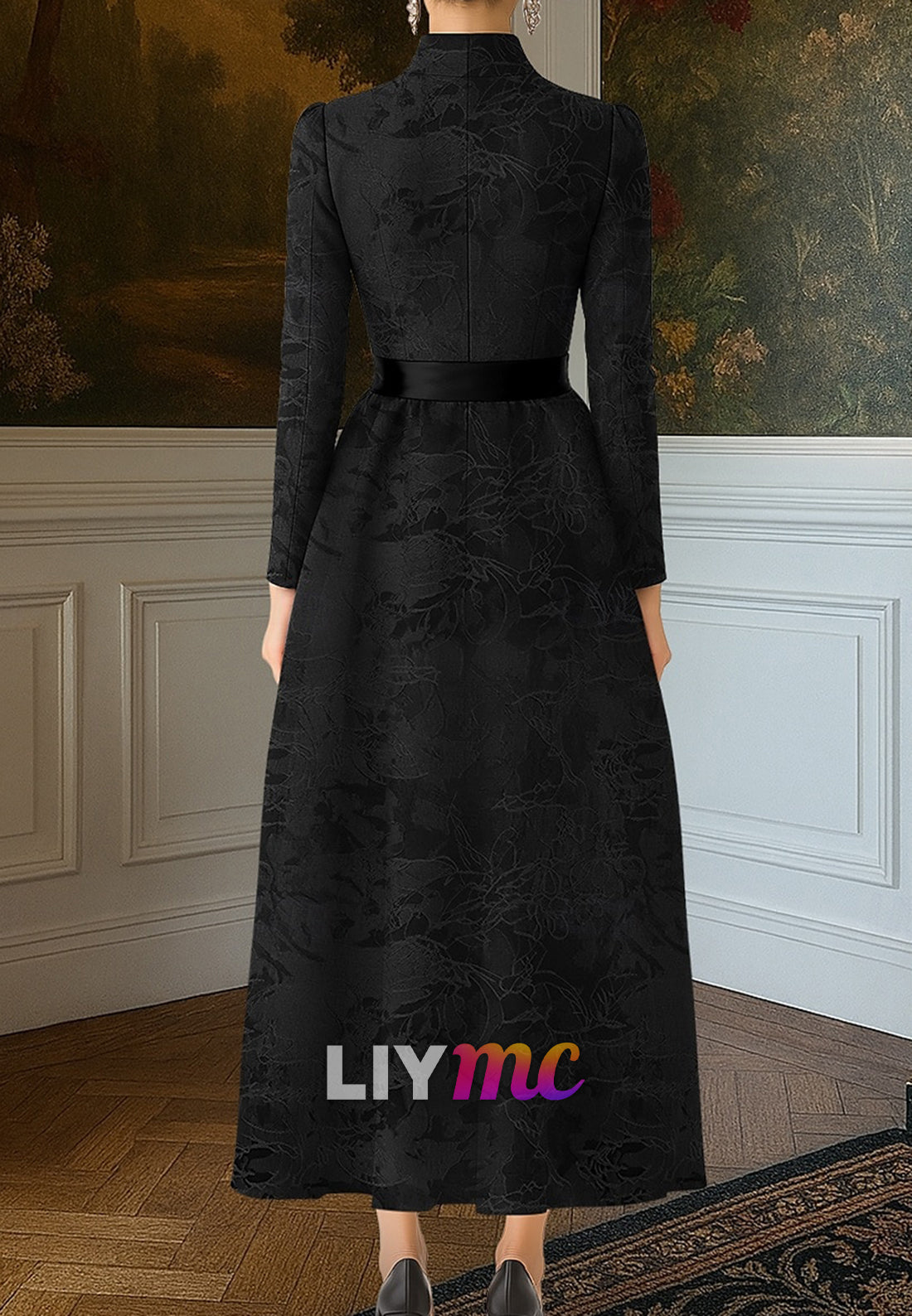 Tie Jacquard Brocade A-Line Evening Gown Elegant Dress Formal Wedding Floor Length Long Sleeve