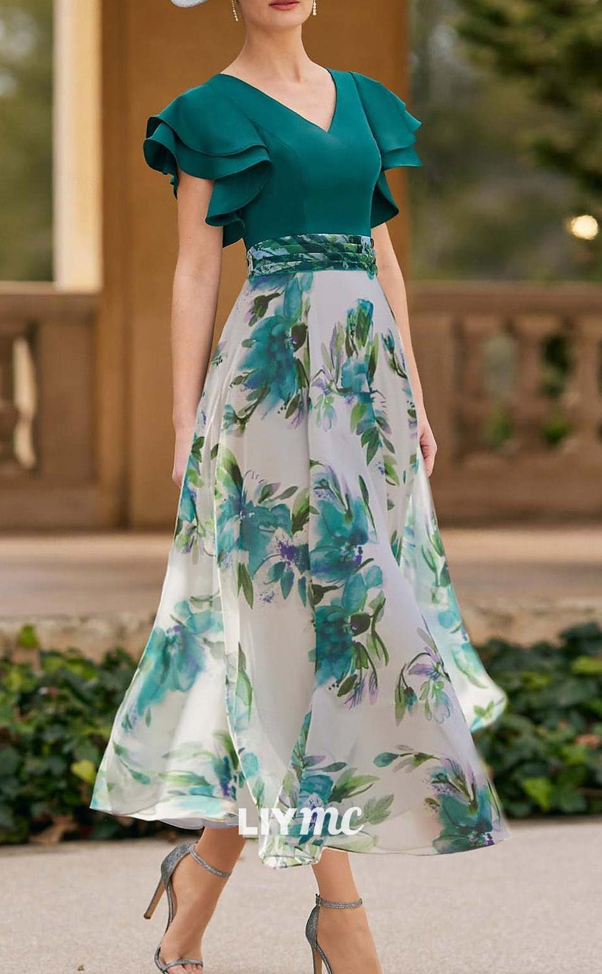 M1073 - Trumpet Mother of the Bride Dress Elegant Party V Neck Wedding Guest Ankle Length Chiffon