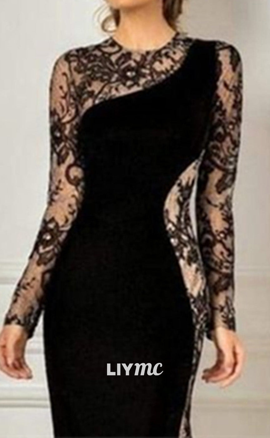 M1040 - Trumpet Mother of the Bride Dress Wedding Guest Elegant Black Dress Party Jewel Neck Floor Length Lace Appliques