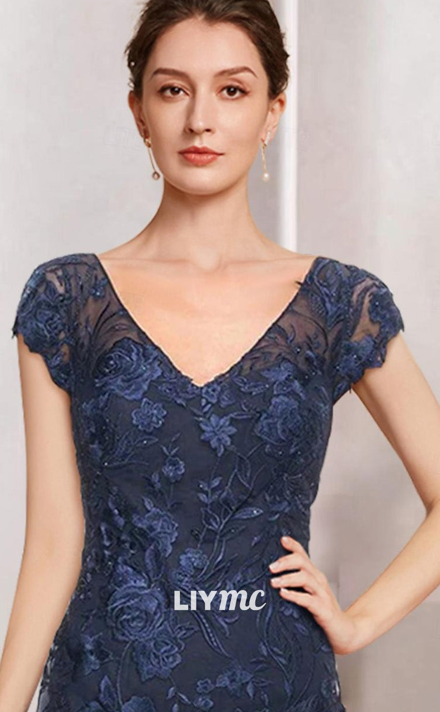 M1077 - Trumpet Mother of the Bride Dress Wedding GuestElegant Black Dress V Neck Floor Length Chiffon Cap Sleeve