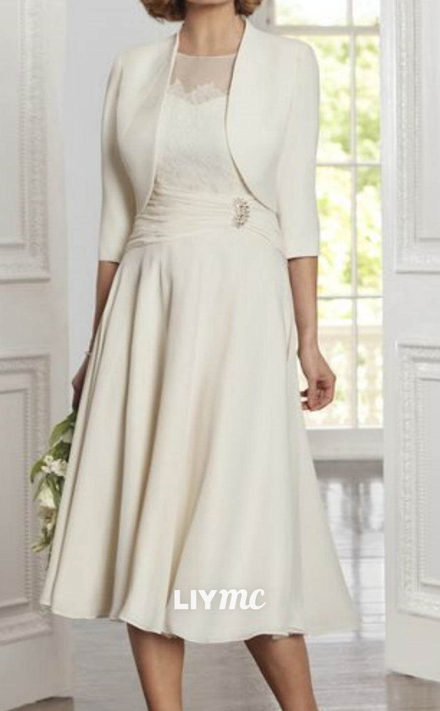 M1053 - Two Piece A-Line Mother of the Bride Dress Elegant Party Scoop Neck Tea Length Lace Stretch Chiffon 34 Length Sleeve