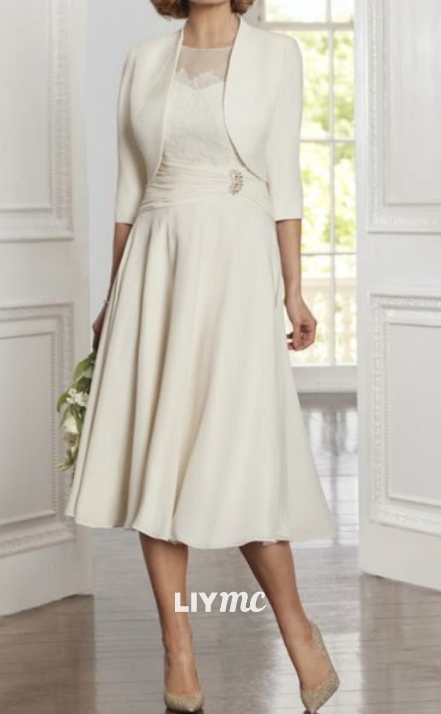 M1053 - Two Piece A-Line Mother of the Bride Dress Elegant Party Scoop Neck Tea Length Lace Stretch Chiffon 34 Length Sleeve