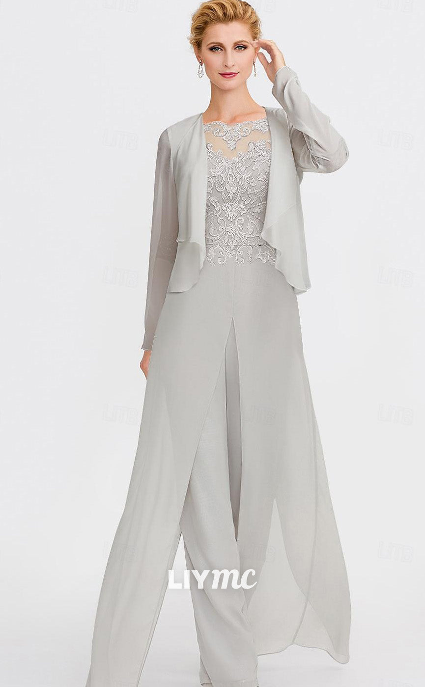 M1008 - Two Piece Jumpsuit  Pantsuit Mother of the Bride Dress Bateau Length Sleeve with Appliques