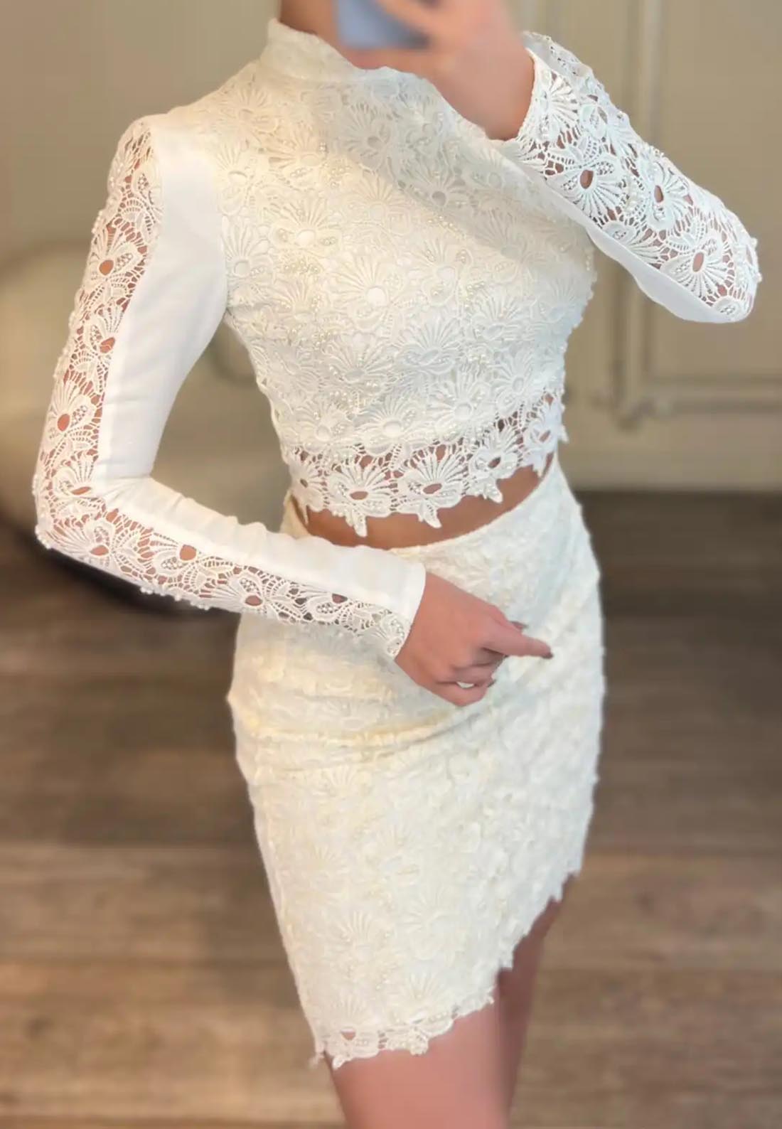 Two Piece Lace Appliques High Neck Long Sleeves Short Cocktail Dress
