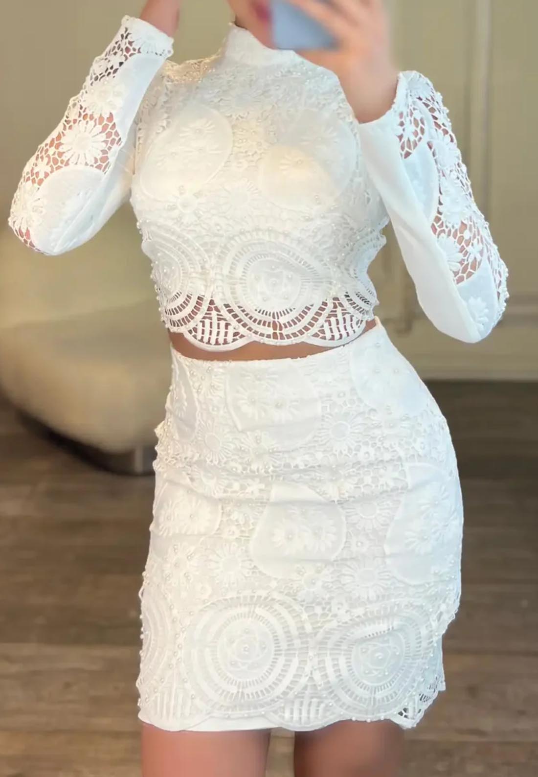 Two Piece Lace Appliques High Neck Long Sleeves Short Cocktail Dress