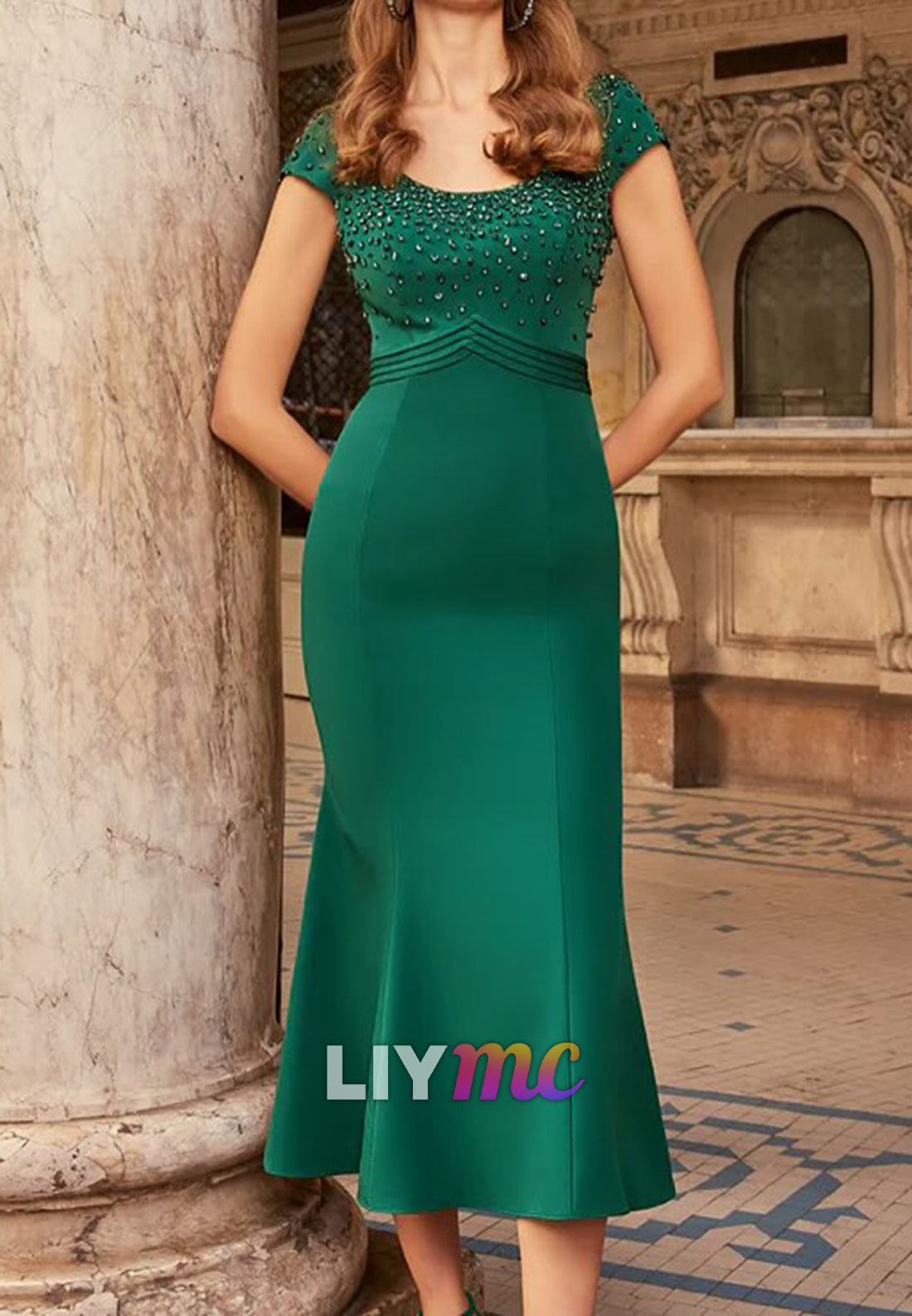 Two Piece Scoop Cap Sleeves Beaded Mermaid Mother of Bride Dress