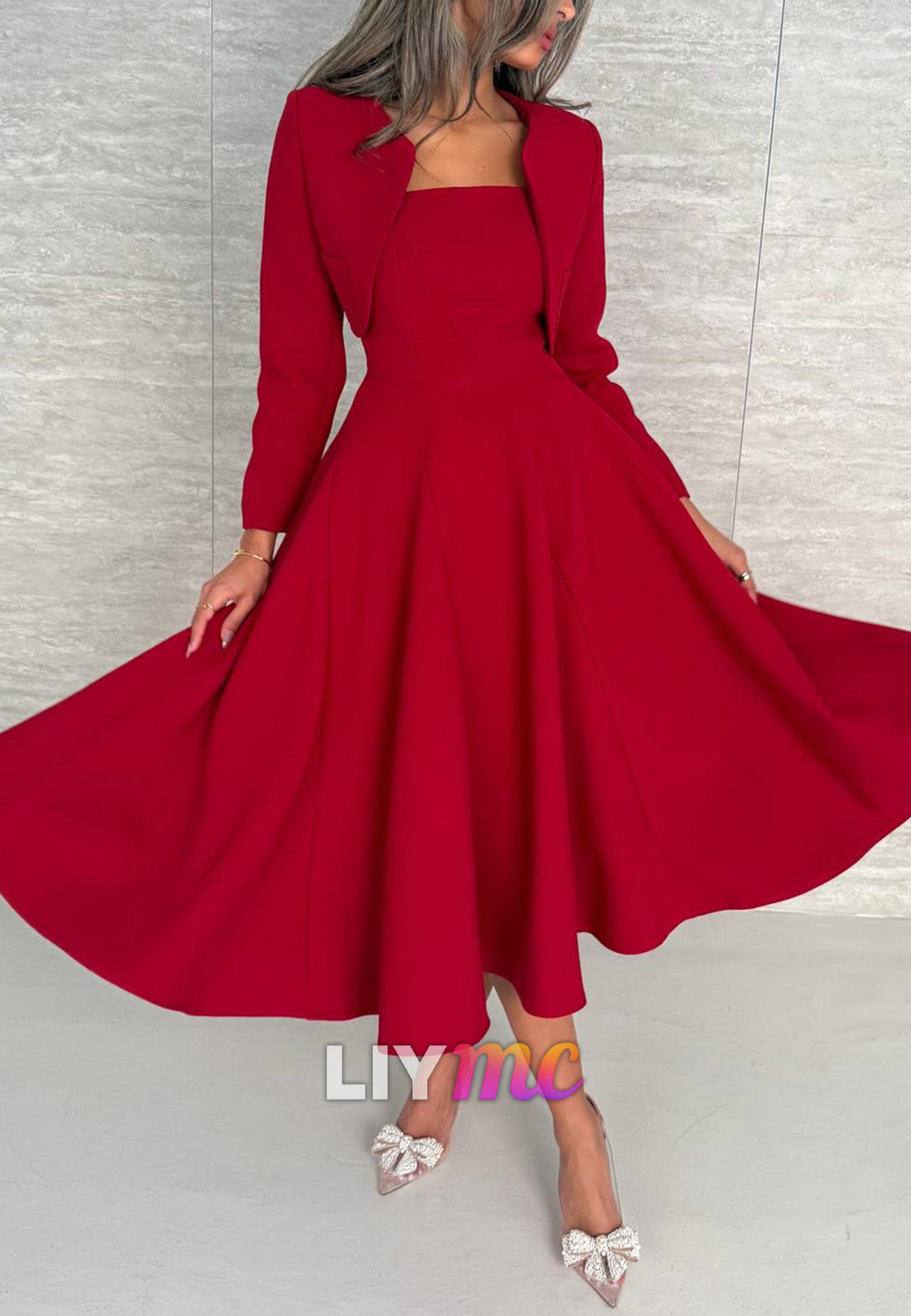 Two Piece Straight Across Long Sleeves Wedding Guest Dresss A-Line Cocktail Dress