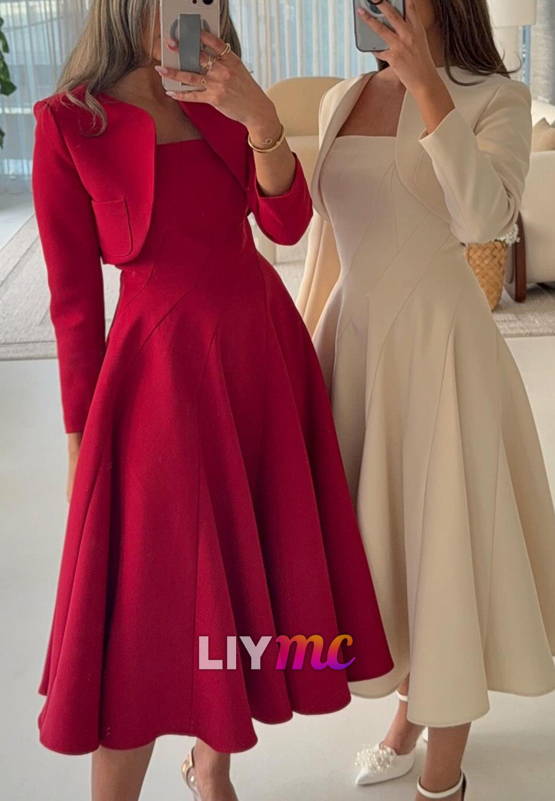 Two Piece Straight Across Long Sleeves Wedding Guest Dresss A-Line Cocktail Dress