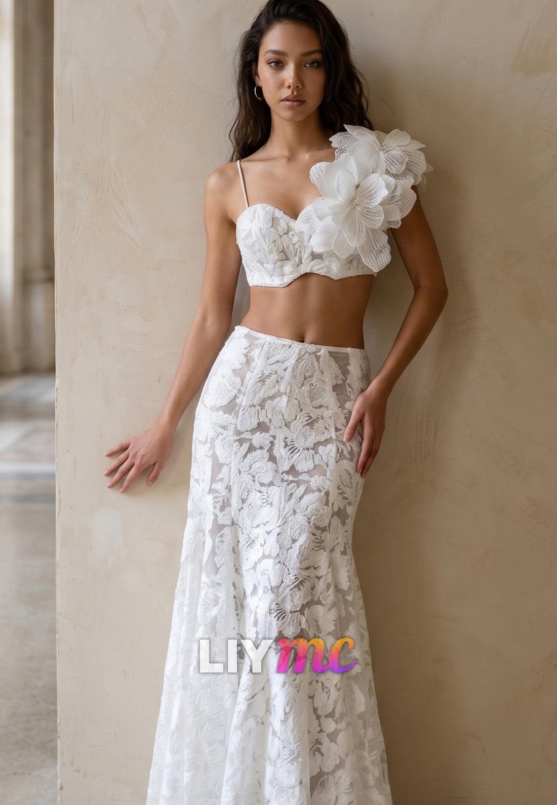 Two Pieces Lace Appliques Beach Mermaid Wedding Dress