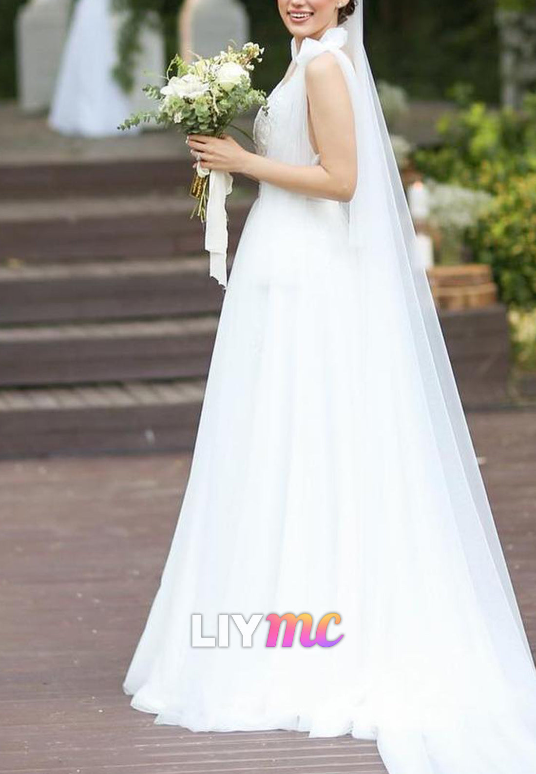 V-Neck Straps Appliques Tulle A-Line Wedding Dress