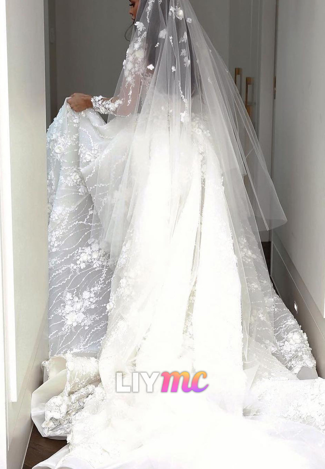 V-Neck Appliques Long Sleeves Floral A-Line Wedding Dress