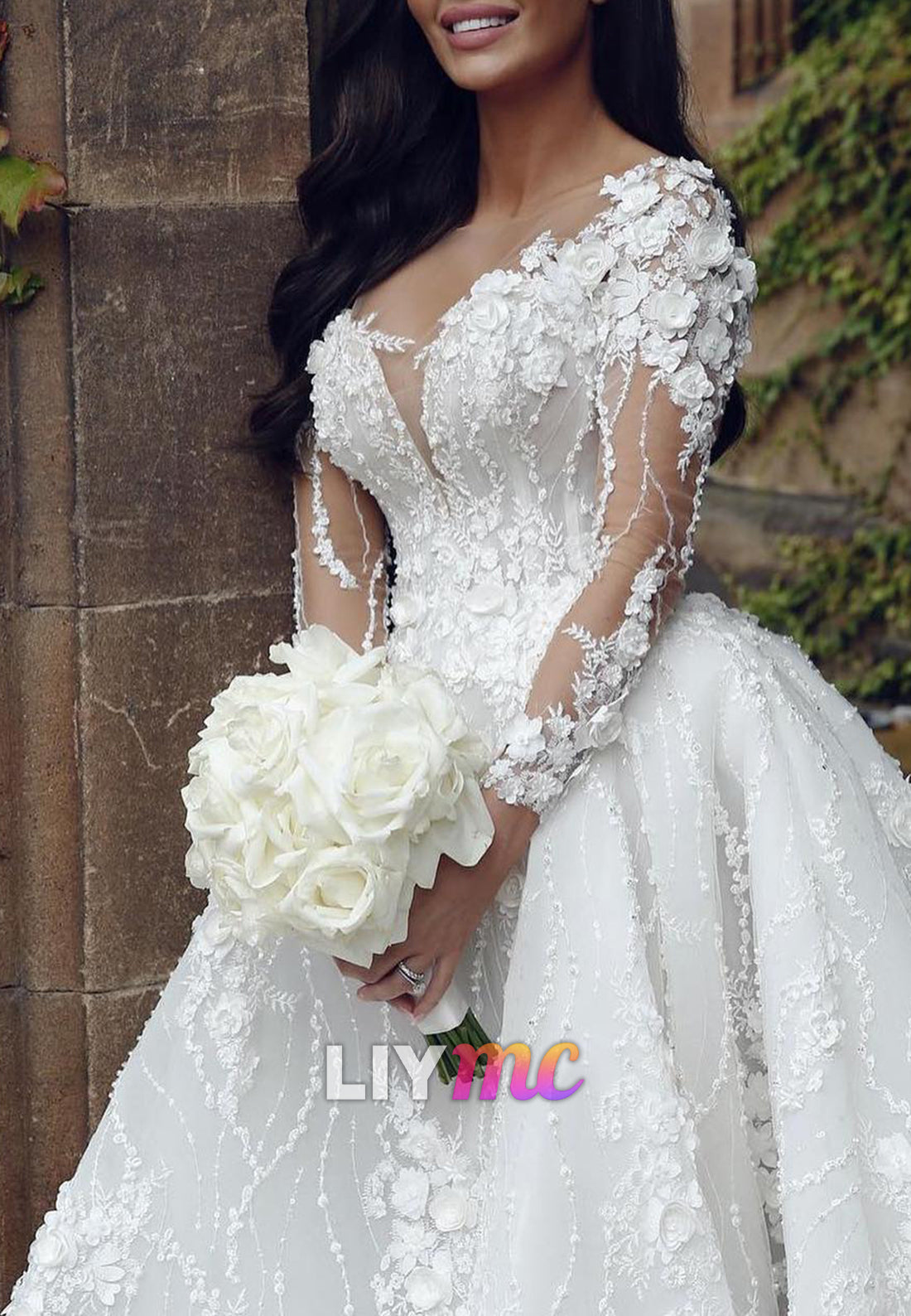 V-Neck Appliques Long Sleeves Floral A-Line Wedding Dress