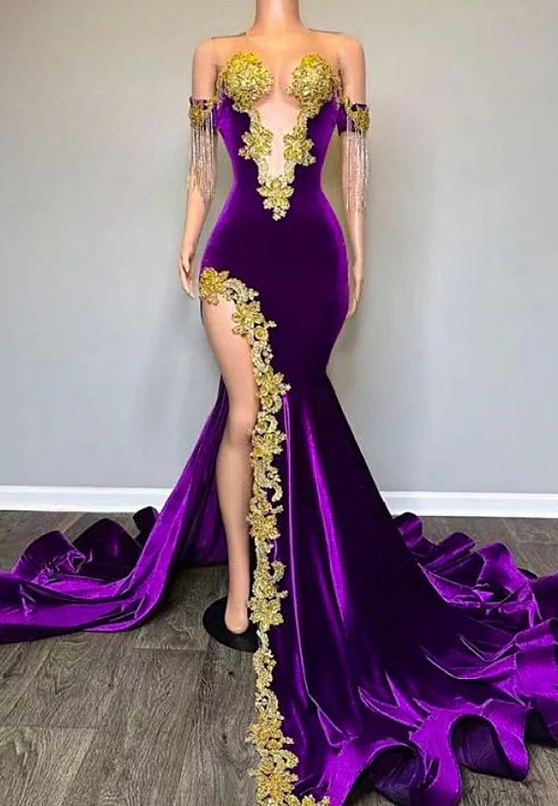 V-Neck Appliques Velvet Side Slit Sheath Prom Dress for Black Girls