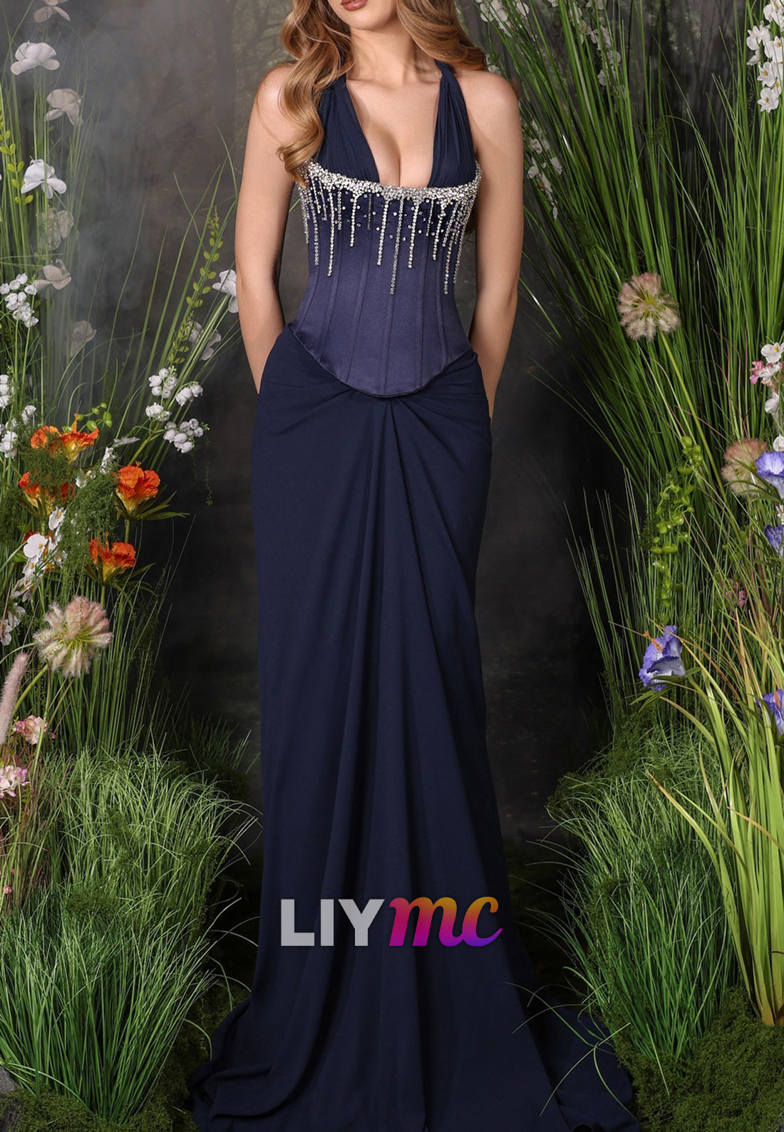V-Neck Beaded Ruched Evening Dress Mermaid Prom Dress
