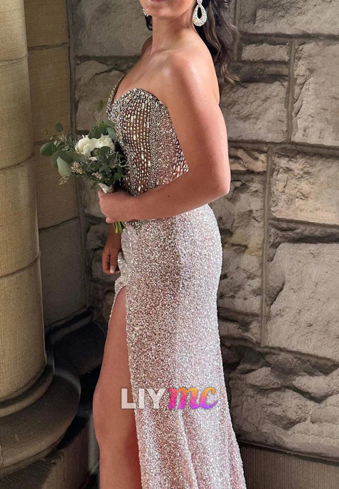 V-Neck Beaded Sequins Sparkly Evening Dress Sheath Prom Dress