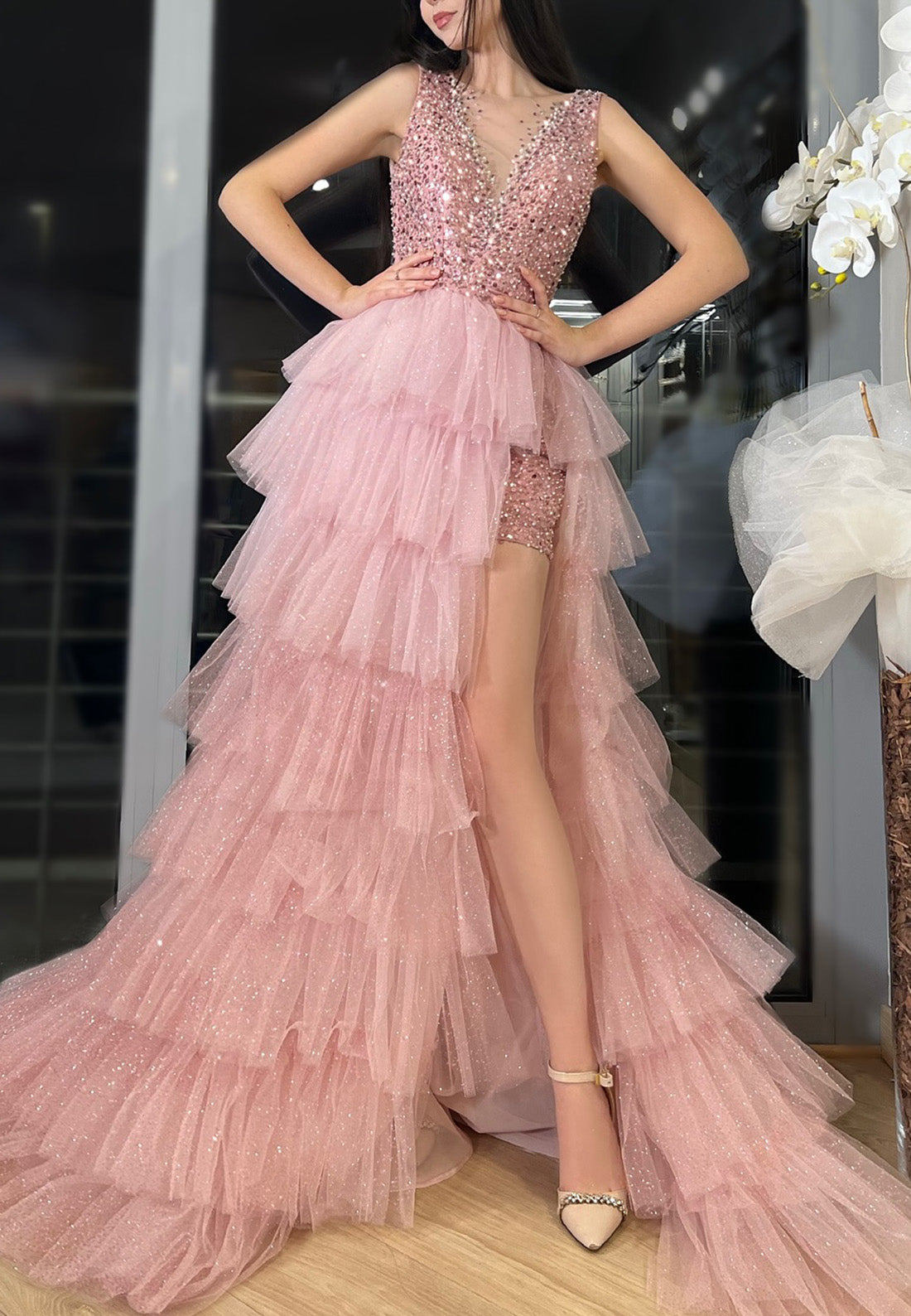 V-Neck Beaded Sequins Tiered Ball Gown A-Line Prom Dress