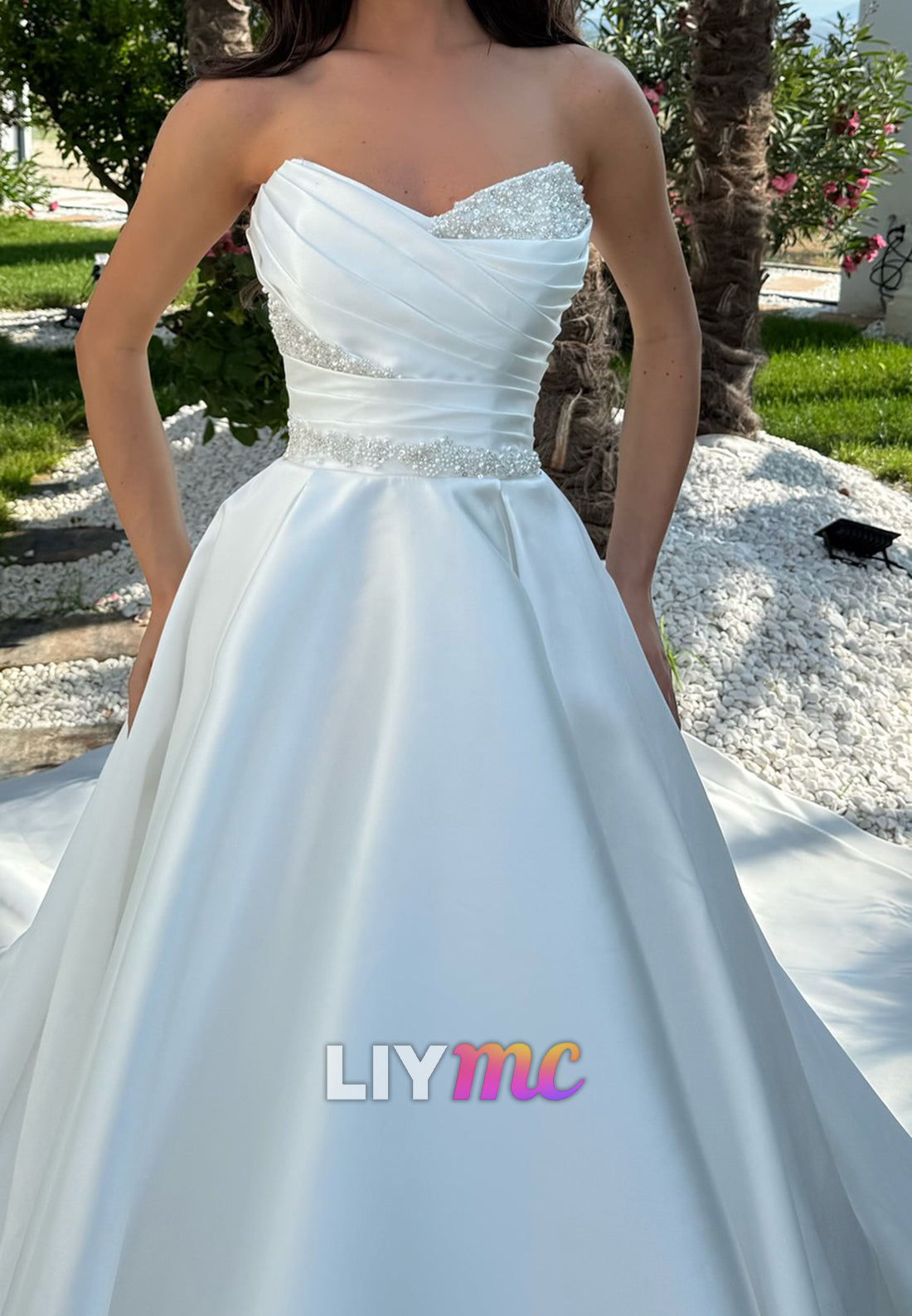 V-Neck Beaded Sleek Pleated A-Line Satin Wedding Dress