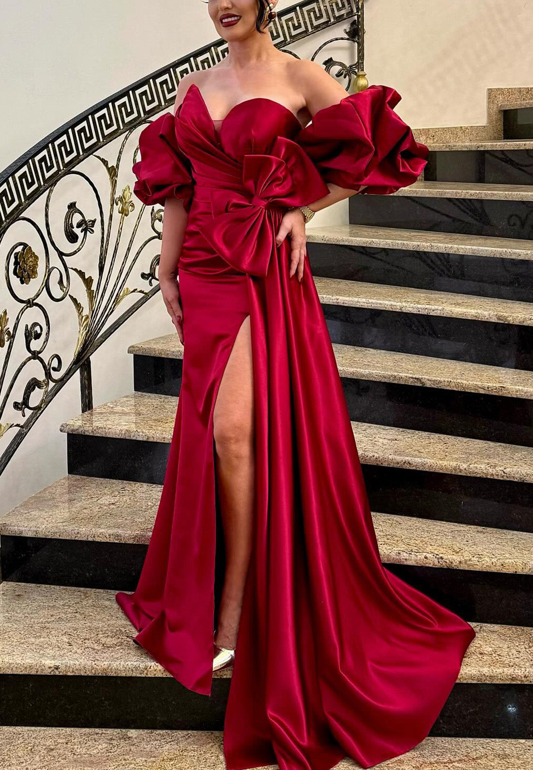 V-Neck Bowknot Puff Slevees Pleated Sheath Evening Dress