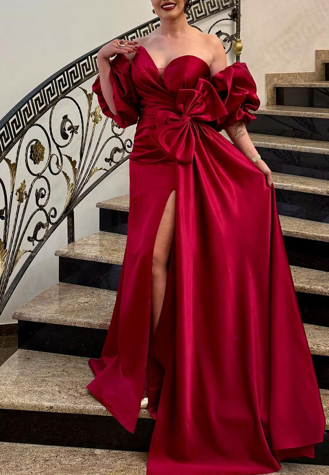 V-Neck Bowknot Puff Slevees Pleated Sheath Evening Dress