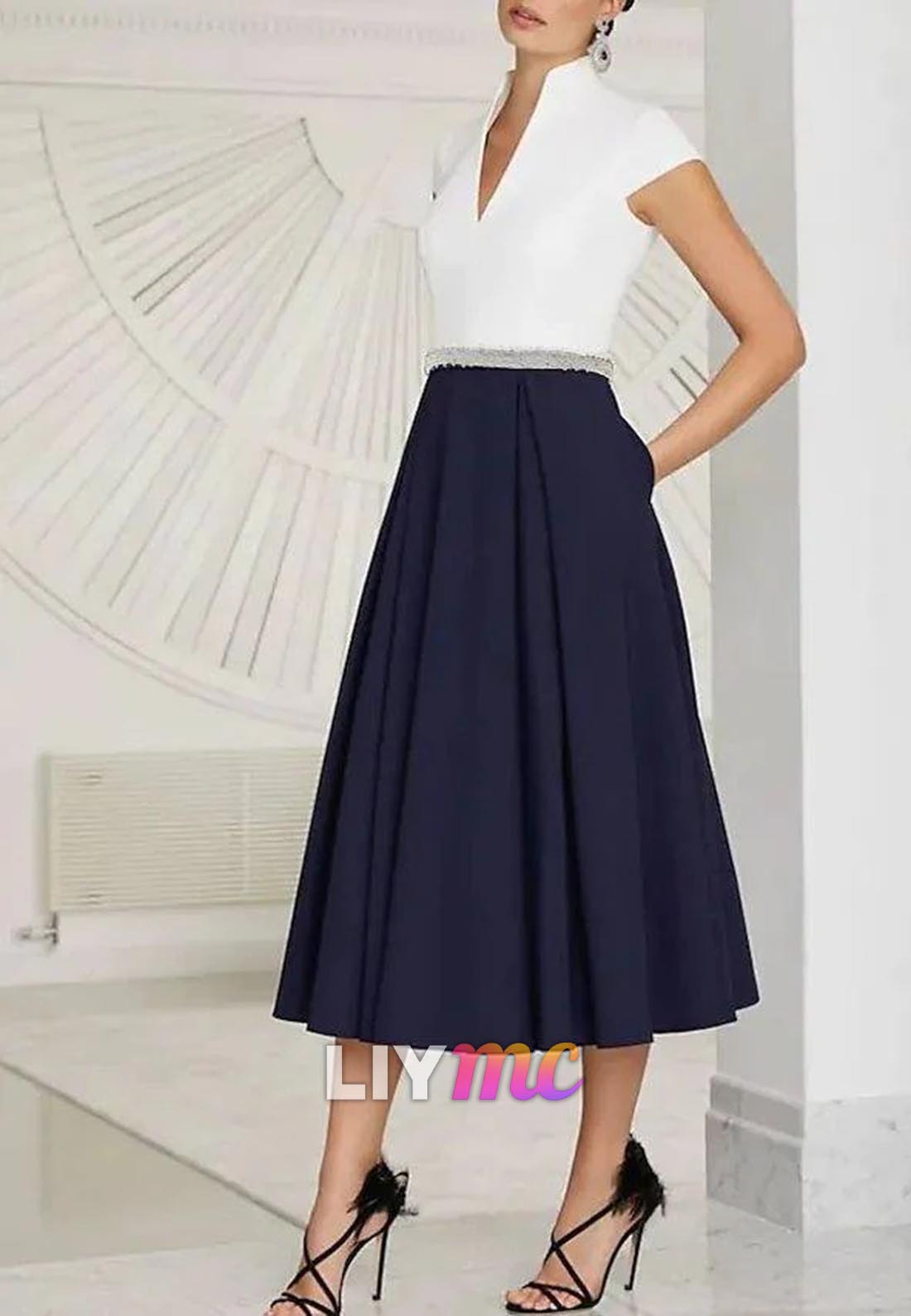 V-Neck Cap Sleeves A-Line Mother of Bride Dress