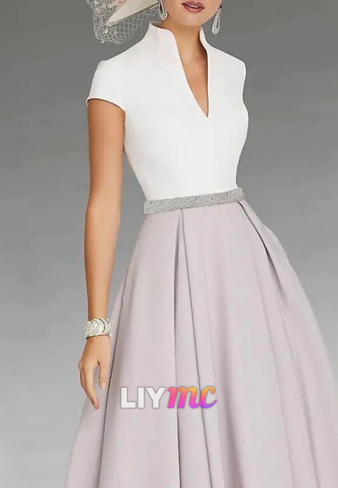 V-Neck Cap Sleeves A-Line Mother of Bride Dress