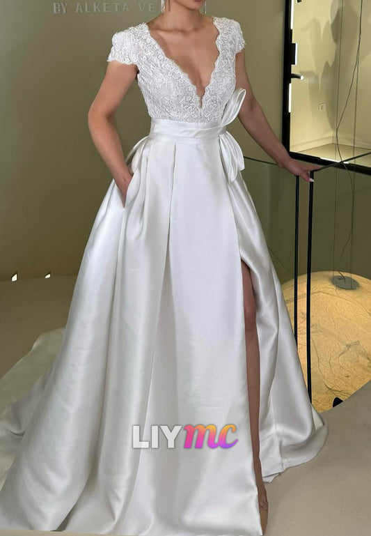 V-Neck Cap Sleeves Appliques A-Line Wedding Dress