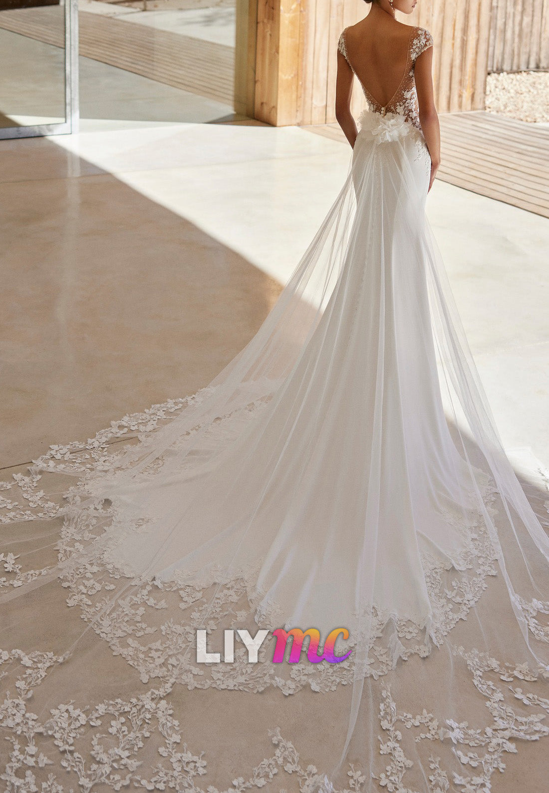 V-Neck Cap Sleeves Appliques Backless Mermaid Wedding Dress