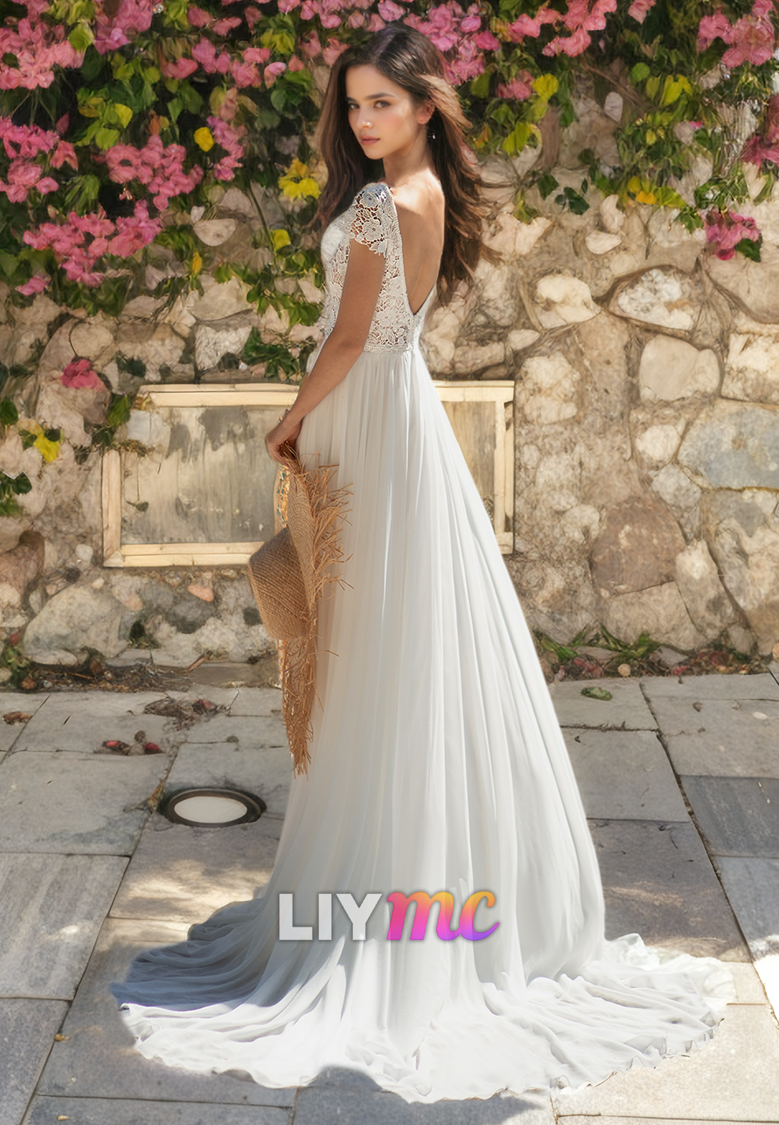 V-Neck Cap Sleeves Appliques Chiffon A-Line Beach Wedding Dress