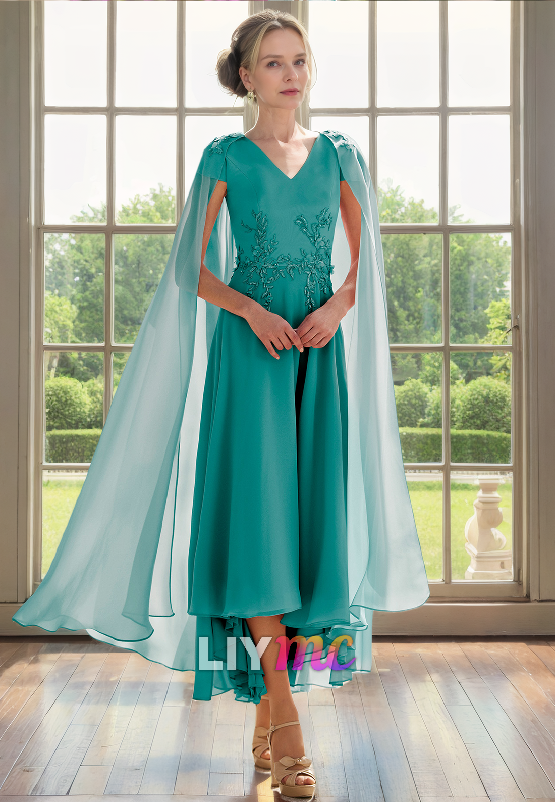 V-Neck Cap Sleeves Appliques Chiffon A-Line Mother of Bride Dress Cocktail Dress