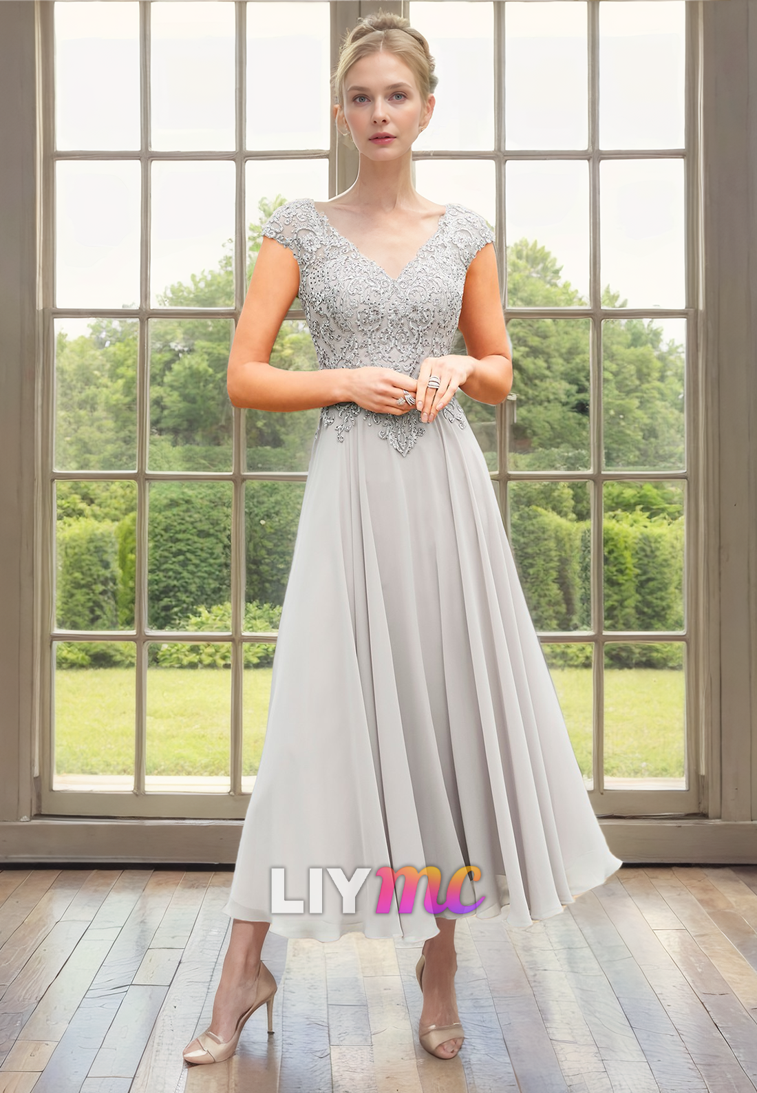 V-Neck Cap Sleeves Appliques Chiffon Pleated A-Line Mother of Bride Dress Cocktail Dress