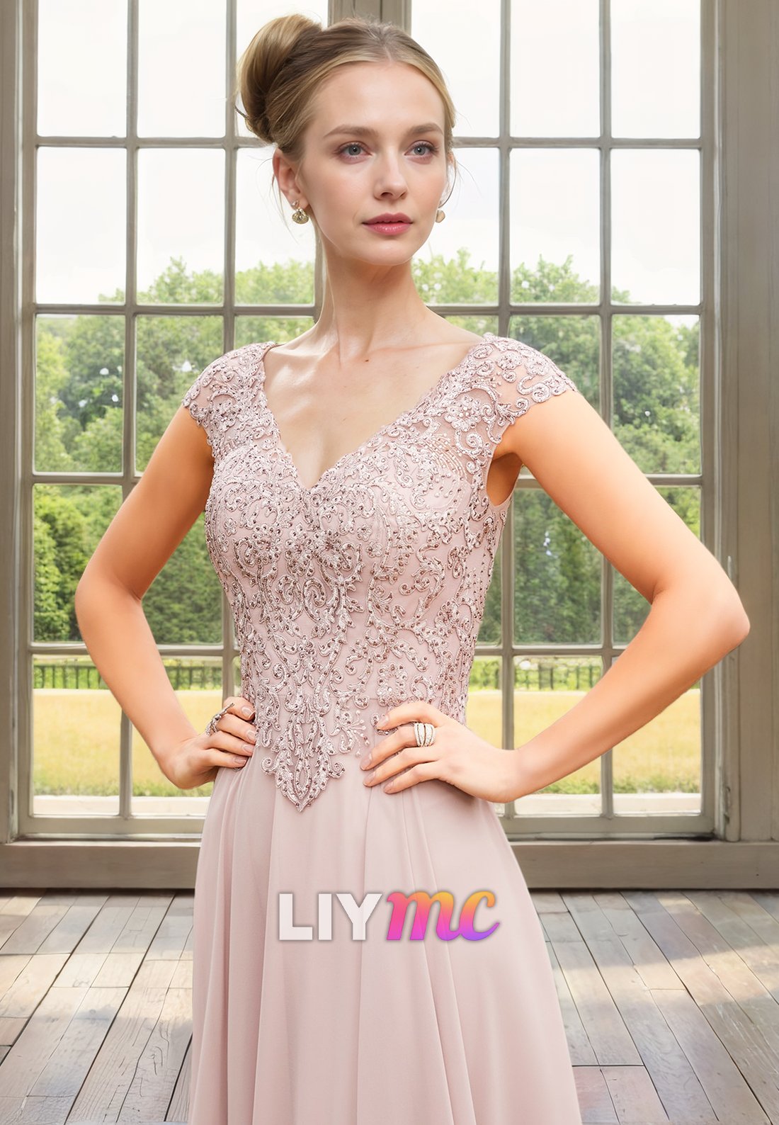 V-Neck Cap Sleeves Appliques Chiffon Pleated A-Line Mother of Bride Dress Cocktail Dress