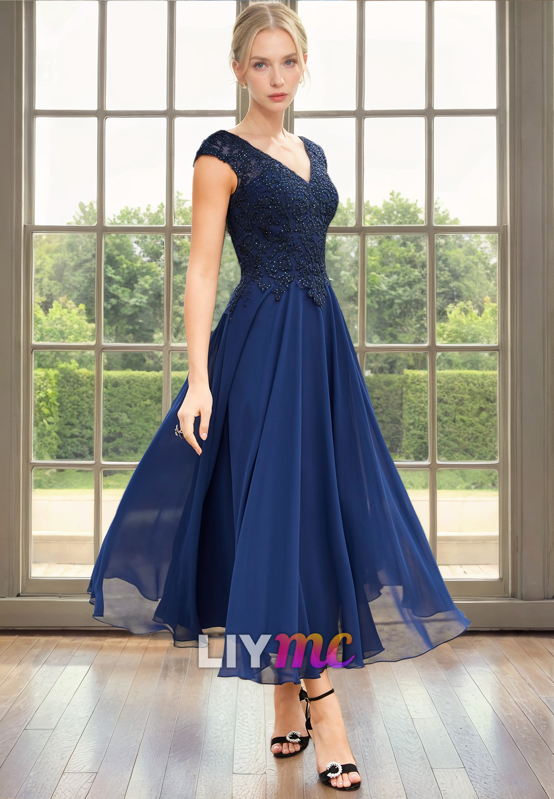 V-Neck Cap Sleeves Appliques Chiffon Pleated A-Line Mother of Bride Dress Cocktail Dress
