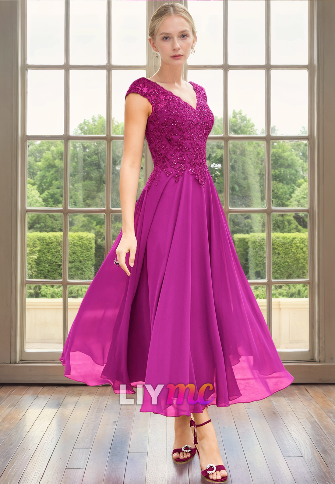 V-Neck Cap Sleeves Appliques Chiffon Pleated A-Line Mother of Bride Dress Cocktail Dress