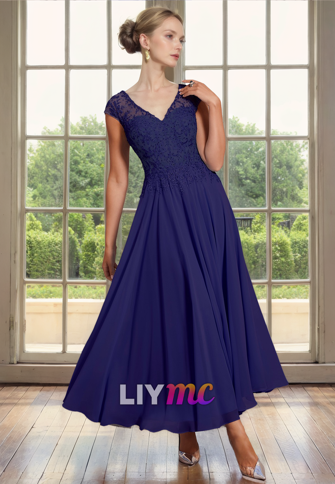 V-Neck Cap Sleeves Appliques Pleated A-Line Chiffon Mother of Bride Dress Cocktail Dress